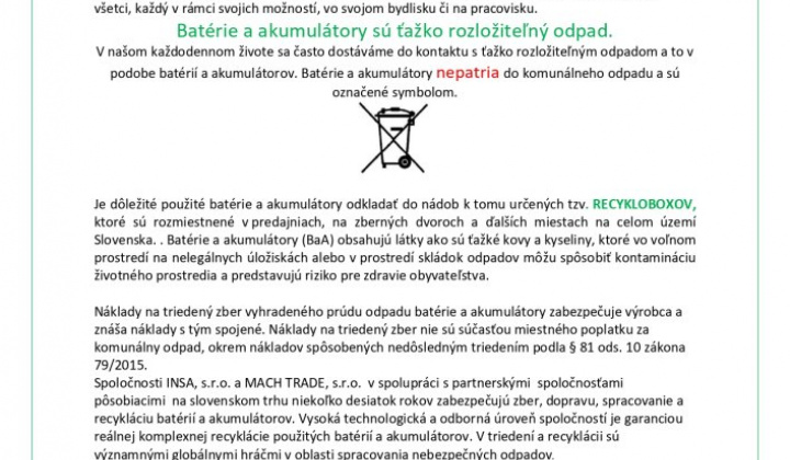 Fotka - ZBER, SEPARÁCIA a RECYKLÁCIA použitých batérií a akumulátorov